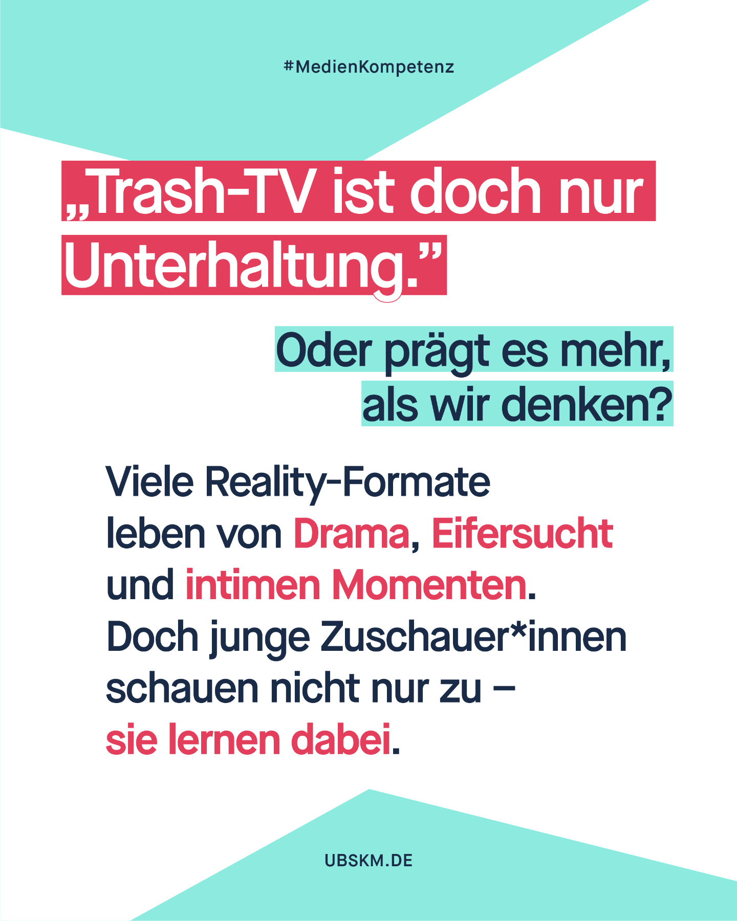 !B Reality-TV gehört für viele Jugendliche zum Alltag. Die Formate sind laut, emotional und bewusst zugespitzt. Das Problem ist nicht das Drama an sich, sondern welche Beziehungsbilder, Körperideale und Grenzverschiebungen dabei normalisiert werden können.
Jugendliche entwickeln gerade ihr Selbstbild und ihr Verständnis von Nähe. Medien sind dabei ein wichtiger Orientierungsrahmen. Wenn Kontrolle, Eifersucht oder Grenzverletzungen immer wieder als „normal“ oder unterhaltsam inszeniert werden, kann das Einfluss auf Wahrnehmung und Erwartungen haben.
Wie siehst du das?
#Medienkompetenz #Jugendschutz #RealityTV #UBSKM #MissbrauchsBeauftragte