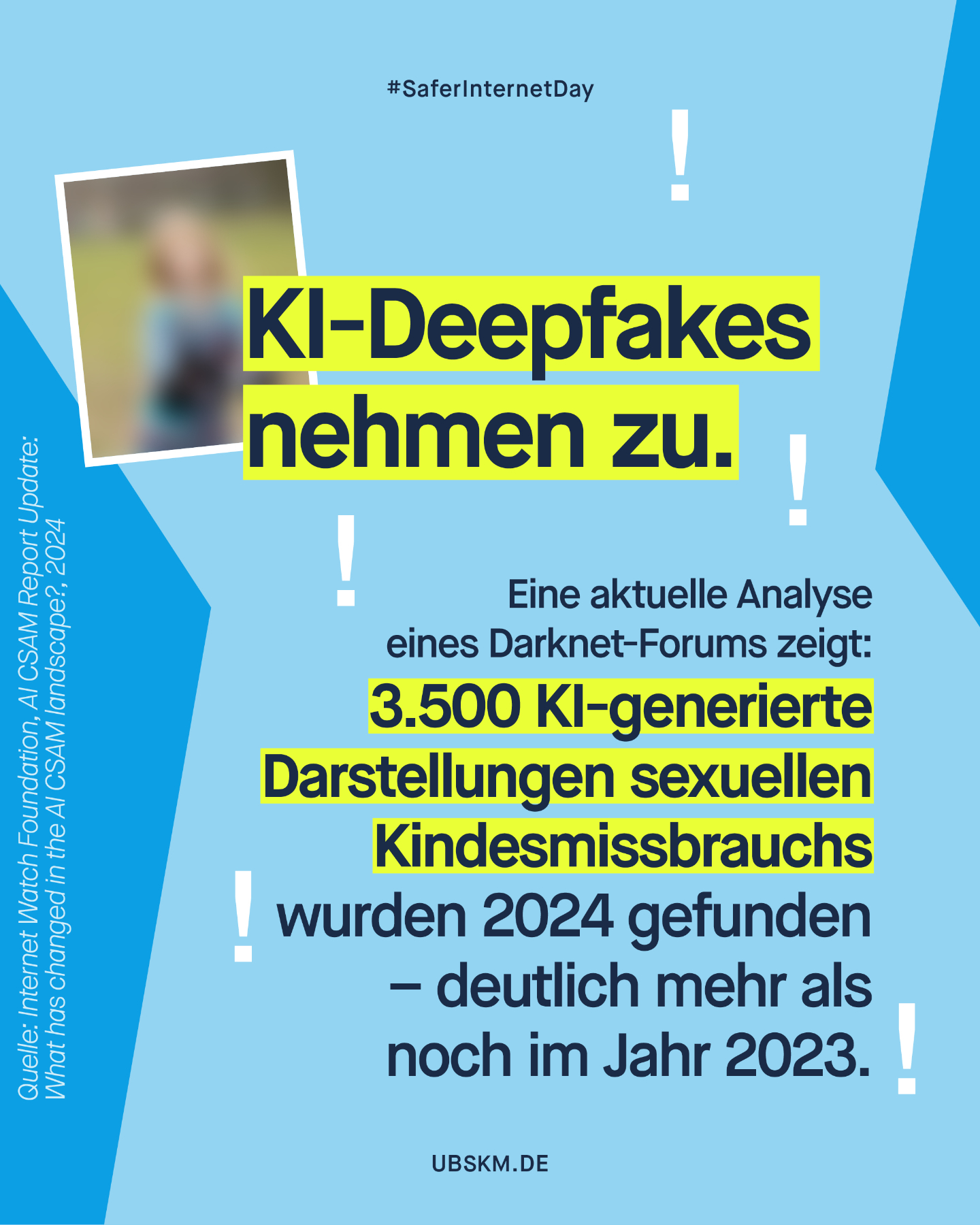 !B „KI and me. In künstlicher Beziehung“ ist das Motto des heutigen #SaferInternetDay. Die EU-Initiative @klicksafe lenkt den Blick darauf, wie Künstliche Intelligenz unser Zusammenleben verändert und wie Kinder und Jugendliche damit aufwachsen.
Die Zahlen zeigen, wie dringend der Handlungsbedarf ist:
Mit KI-Tools hergestellte Missbrauchsdarstellungen gibt es massenhaft – 400 % mehr als im Jahr zuvor.
🤖 Mithilfe von KI können künstlich erzeugte oder veränderte Bilder, Stimmen und Videos täuschend echt wirken. Dadurch können auch sogenannte Deepfakes oder Deepnudes schnell und einfach produziert werden. Jede und jeder kann heute per KI im Netz ausgezogen werden.
Wir alle können viel für den Schutz von Kindern vor sexueller Gewalt im Internet tun:
👉 Schau hin: Frag nach Apps, Spielen und Chats, die das Kind nutzt. Sei präsent.
👉 Kläre über KI auf: Erkläre, dass Inhalte gefälscht sein können.
👉 Sprich mit dem Kind über seinen Körper und bringe ihm bei: Grenzen und Selbstbestimmung sind wichtig.
👉 Vermittle das Gefühl: „Ich bin da. Ich höre zu. Ich glaube dir.“
👉 Bleibe informiert: Informationen und Tipps zur Mediennutzung von Kindern und Jugendlichen findest du bei @initiative_schau_hin.
Ob Schule, Unternehmen, Verein oder Privatperson – es gibt viele Möglichkeiten für dich beim SID 2026 mitzumachen. Mehr Infos 🔗 klicksafe.de/sid
#SID26 #MedienKompetenz #UBSKM #MissbrauchsBeauftragte