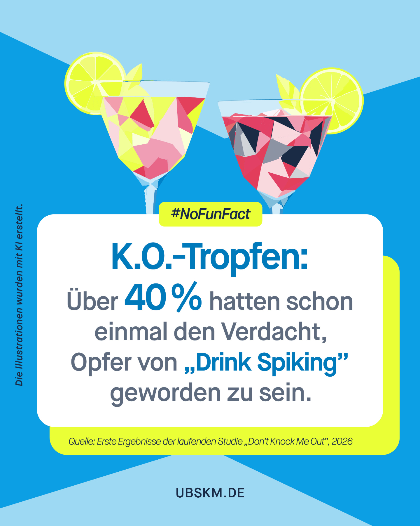 !B Der Verdacht, Opfer von K.O.-Tropfen geworden zu sein, ist für viele Menschen Realität. Das zeigen die ersten Ergebnisse der Studie @donotknockmeout.
Für die laufende Studie wurden bislang mehr als 1.200 Datensätze ausgewertet. Über 500 Befragte gaben an, mindestens einmal den Verdacht gehabt zu haben, Opfer von sogenanntem Drink Spiking geworden zu sein.
Bei der Studie geht es darum, mehr über Verbreitung, Risiken und Folgen von K.O.-Tropfen zu erfahren.
❗Wichtig: Dies sind erste Ergebnisse. Die Studie läuft noch und jede Teilnahme hilft dabei, mehr über die Verbreitung, die Risiken und die Folgen von K.O.-Tropfen zu erfahren.
👉 Du bist mindestens 18 Jahre alt? Dann kannst du die Forschung unterstützen, indem du an der Studie teilnimmst. Das gilt unabhängig davon, ob du selbst Erfahrungen mit K.O.-Tropfen gemacht hast oder nicht.
Hier geht es zur Studie: do-not-knock-me-out.com
Unsere Tipps:
➡️ Lass dein Getränk nie unbeaufsichtigt! Behalte dein Glas immer im Auge. Nimm keine offenen Getränke von Fremden an und bedecke dein Glas idealerweise mit der Hand.
➡️ Geh nur gemeinsam mit anderen feiern: Achtet in der Gruppe aufeinander. Bleibt zusammen und lasst niemanden allein oder mit unbekannten Personen zurück.
➡️ Achte darauf, wie es dir oder anderen geht: Typische Symptome setzen plötzlich ein und umfassen Schwindel, plötzliche Enthemmung, Übelkeit oder plötzlichen Gedächtnisverlust.
➡️ Hol schnell Hilfe: Informiert sofort das Bar- oder Sicherheitspersonal und ruft im Notfall den Rettungsdienst unter der Notrufnummer 112.
➡️ Auch wenn´s schwer fällt – denk auch an die Spurensicherung: K.O.-Tropfen sind im Körper oft nur sehr kurz nachweisbar. Duscht deshalb nicht sofort und bewahrt die getragene Kleidung für mögliche Beweise auf.
Was du noch tun kannst, findest du in den Präventionstipps des Malteser Hilfsdienst: 🔗 malteser.de/aware/hilfreich/k-o-tropfen-so-kannst-du-dich-schuetzen.html
#Missbrauchsbeauftragte #KoTropfen #DrinkSpiking #Prävention #DoNotKnockMeOut