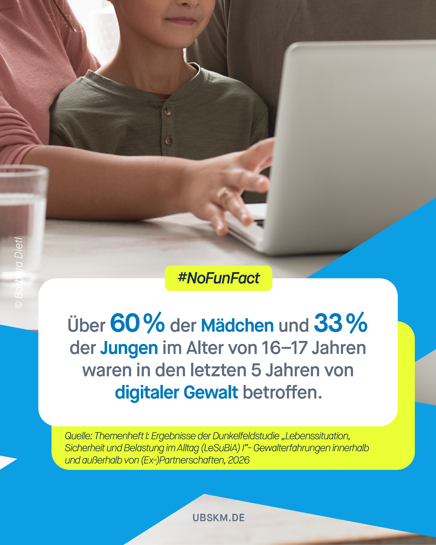 !B Von Cybergrooming über ungewollte Konfrontation mit pornografischen Inhalten und ungefragtes Sexting bis hin zur Androhung der Veröffentlichung intimer Inhalte (#Sextortion), der Verbreitung von Darstellungen sexueller Gewalt sowie sexuellen Deepfakes – die Ausprägungsformen digitaler sexueller Gewalt sind vielfältig.
Die Ergebnisse der Dunkelfeldstudie „#LeSuBiA“ zeigen, dass insbesondere junge Menschen überproportional von digitaler (sexueller) Gewalt betroffen sind. Dazu gehören auch sexuelle digitale Gewaltformen. So berichtet rund ein Drittel der Jugendlichen von sexueller Belästigung im Internet und auf Social Media (UNICEF, 2025).
Sprich mit deinem Kind darüber, was es online erlebt, und signalisiere, dass du bei Problemen und Sorgen zur Seite stehst.
👉 Informiert bleiben hilft: Mehr Informationen zur Mediennutzung von Kindern und Jugendlichen sowie zu den Risiken gibt es auf schau-hin.info und klicksafe.de.
#MissbrauchsBeauftragte #NoFunFact #DigitaleGewalt