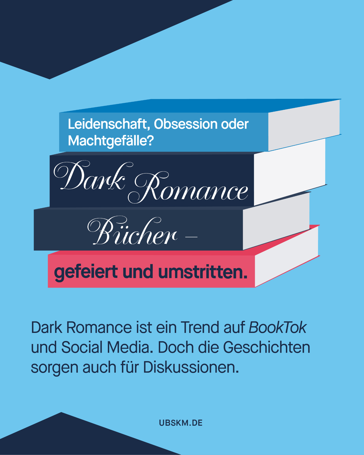 !B Dark Romance ist überall: auf #BookTok, in Bestsellerlisten und in vielen Jugendzimmern. 📚
Die Bücher erzählen oft von intensiven Beziehungen, großen Machtunterschieden oder moralisch ambivalenten Figuren. Für viele Leser*innen ist das spannende Fiktion – gleichzeitig werden diese Geschichten auch kritisch diskutiert.
Denn manche Darstellungen können problematische Beziehungsmuster romantisieren.
Wichtig ist deshalb vor allem eins: im Gespräch bleiben. Wenn junge Menschen solche Bücher lesen, kann es helfen, gemeinsam über Themen wie Grenzen, Konsens und gesunde Beziehungen zu sprechen. Denn: Fiktion darf vieles erzählen, aber sie sollte auch eingeordnet werden können.
👉 Sprecht ihr mit euren jugendlichen Kindern über die Bücher, die sie lesen?
#DarkRomance #UBSKM #MissbrauchsBeauftragte